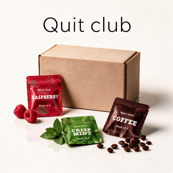 QuitAir Quit Club Monatspaket mit drei Aroma-Päckchen und Versandkarton