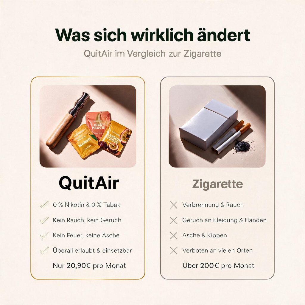 Was sich wirklich ändert – QuitAir im Vergleich zur Zigarette: ohne Nikotin, ohne Rauch, ohne Asche