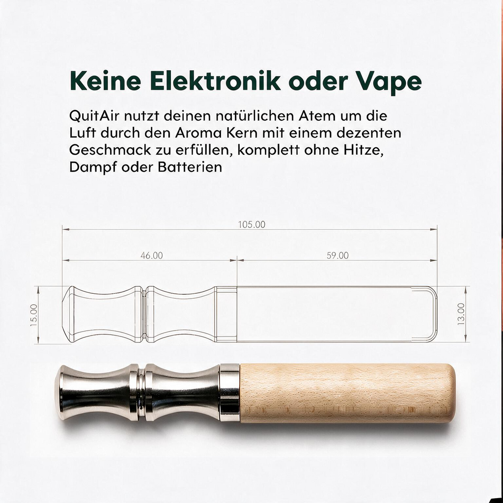 Keine Elektronik oder Vape – QuitAir nutzt deinen natürlichen Atem und erfüllt die Luft durch den Aroma-Kern mit dezentem Geschmack, ohne Hitze, Dampf oder Batterien; technische Zeichnung des Sticks 105 mm lang