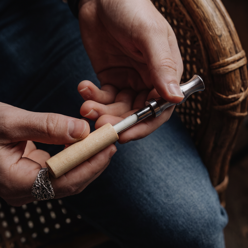Ein Aroma-Kern wird in das Edelstahl-Röhrchen des QuitAir Sticks eingesetzt
