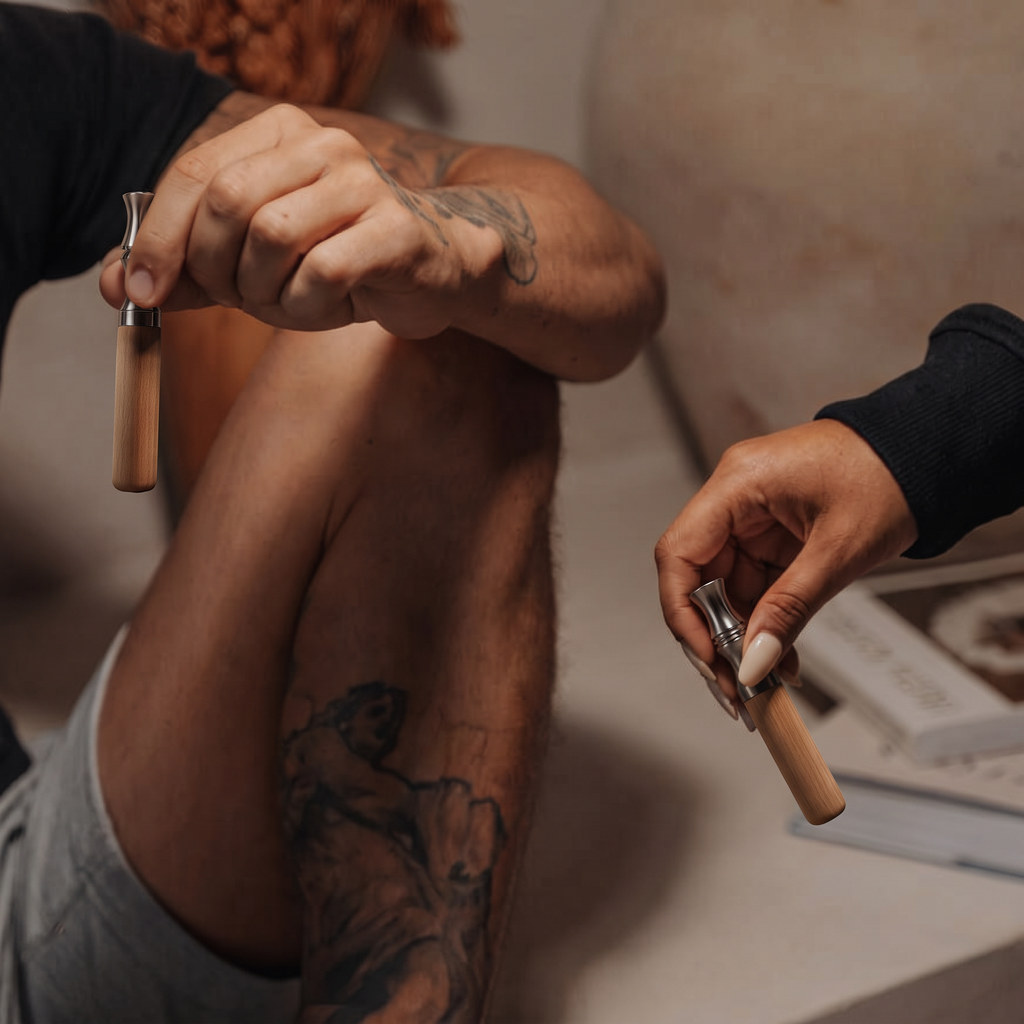 Zwei Personen halten je einen QuitAir Stick aus Holz und Edelstahl in der Hand