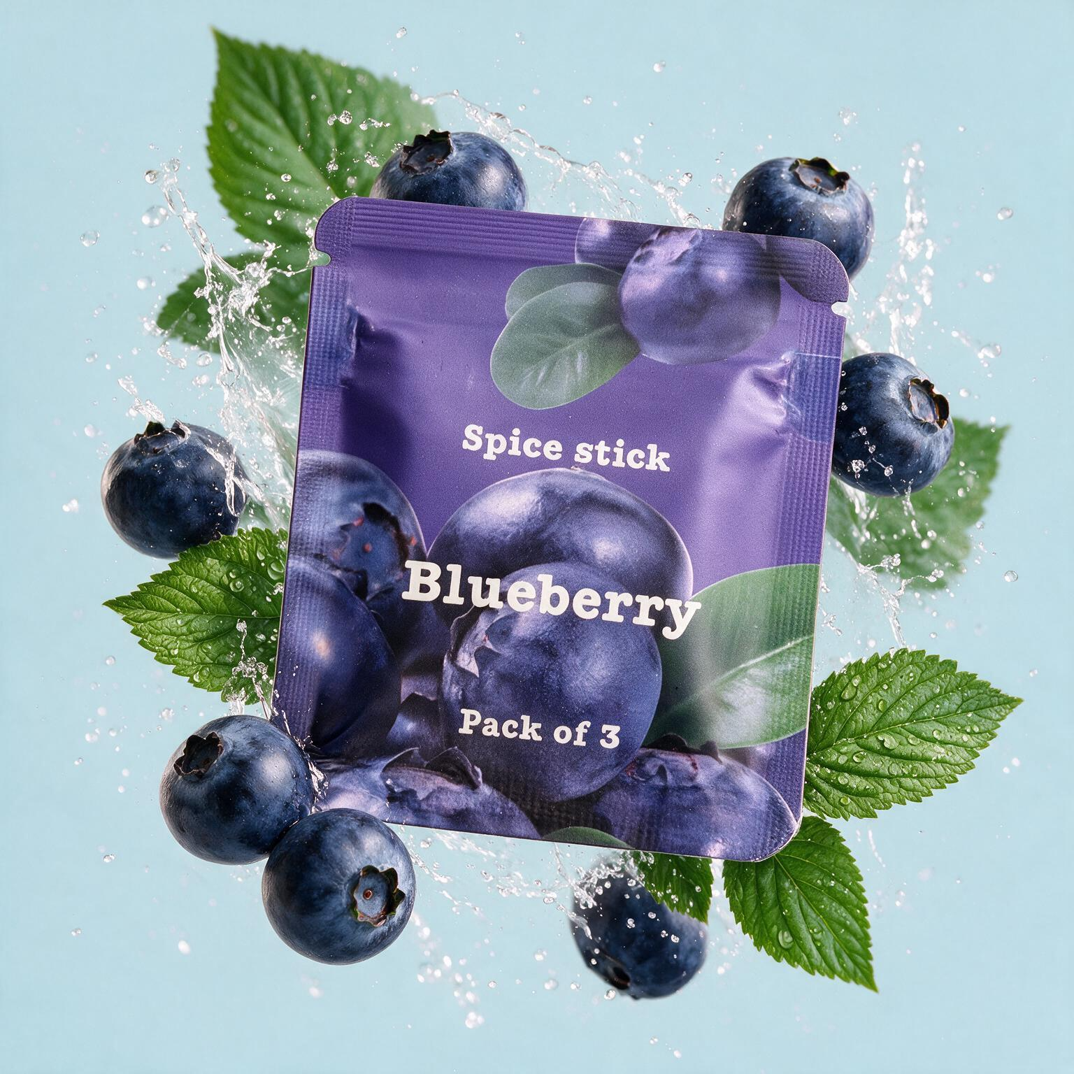 QuitAir Spice Stick Blueberry – nikotinfreie Aroma-Kerne im 3er-Pack, umgeben von frischen Blaubeeren