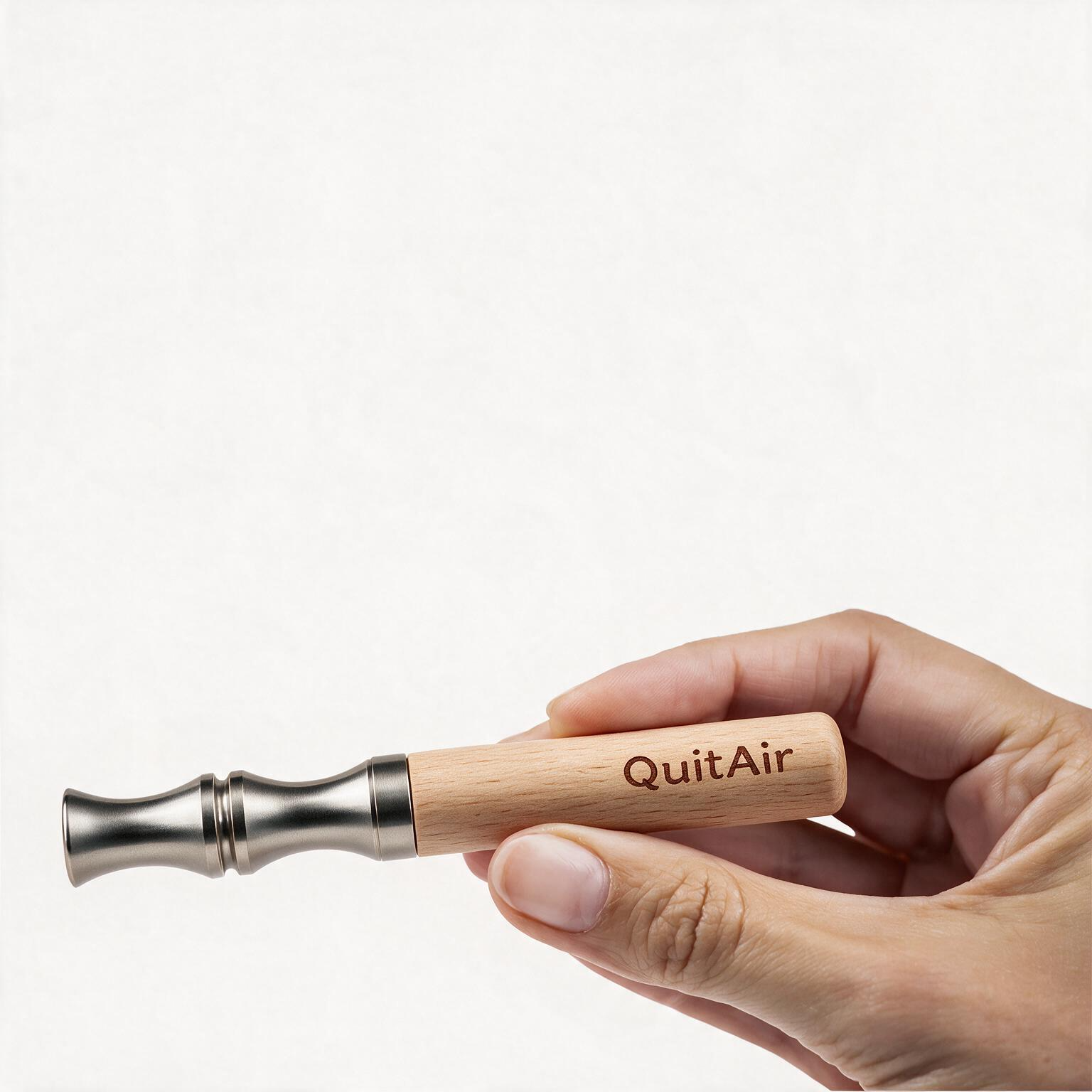 QuitAir Quit Stick Lumina waagerecht in der Hand – Buchenholz und Edelstahl-Mundstück im Detail