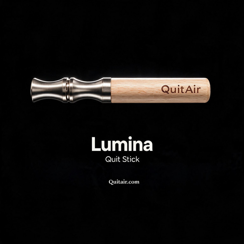 QuitAir Quit Stick Lumina – Produktaufnahme auf schwarzem Hintergrund mit Namenszug