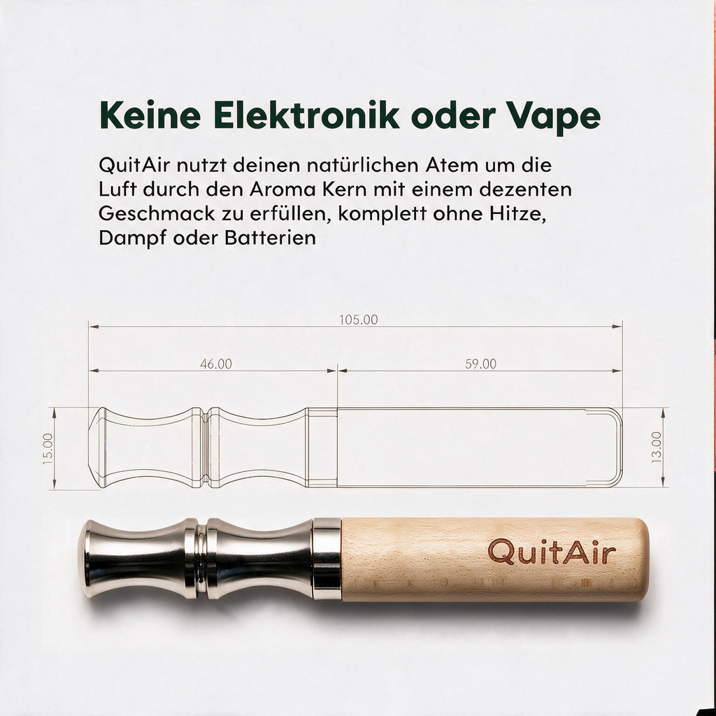 Keine Elektronik oder Vape: Quit Lumina aus Buchenholz mit Maßzeichnung – 105 mm lang, Mundstück 46 mm, Holzgriff 59 mm, ohne Hitze, Dampf oder Batterien