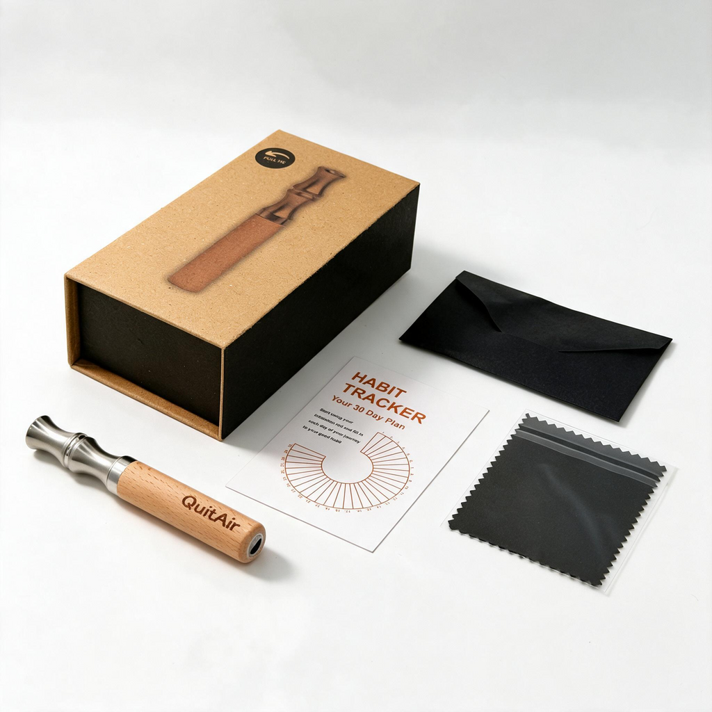 QuitAir Quit Stick Lumina – Lieferumfang: Geschenkbox, Mundstück aus Buchenholz mit Edelstahl, Habit-Tracker-Karte, Umschlag und Reinigungstuch