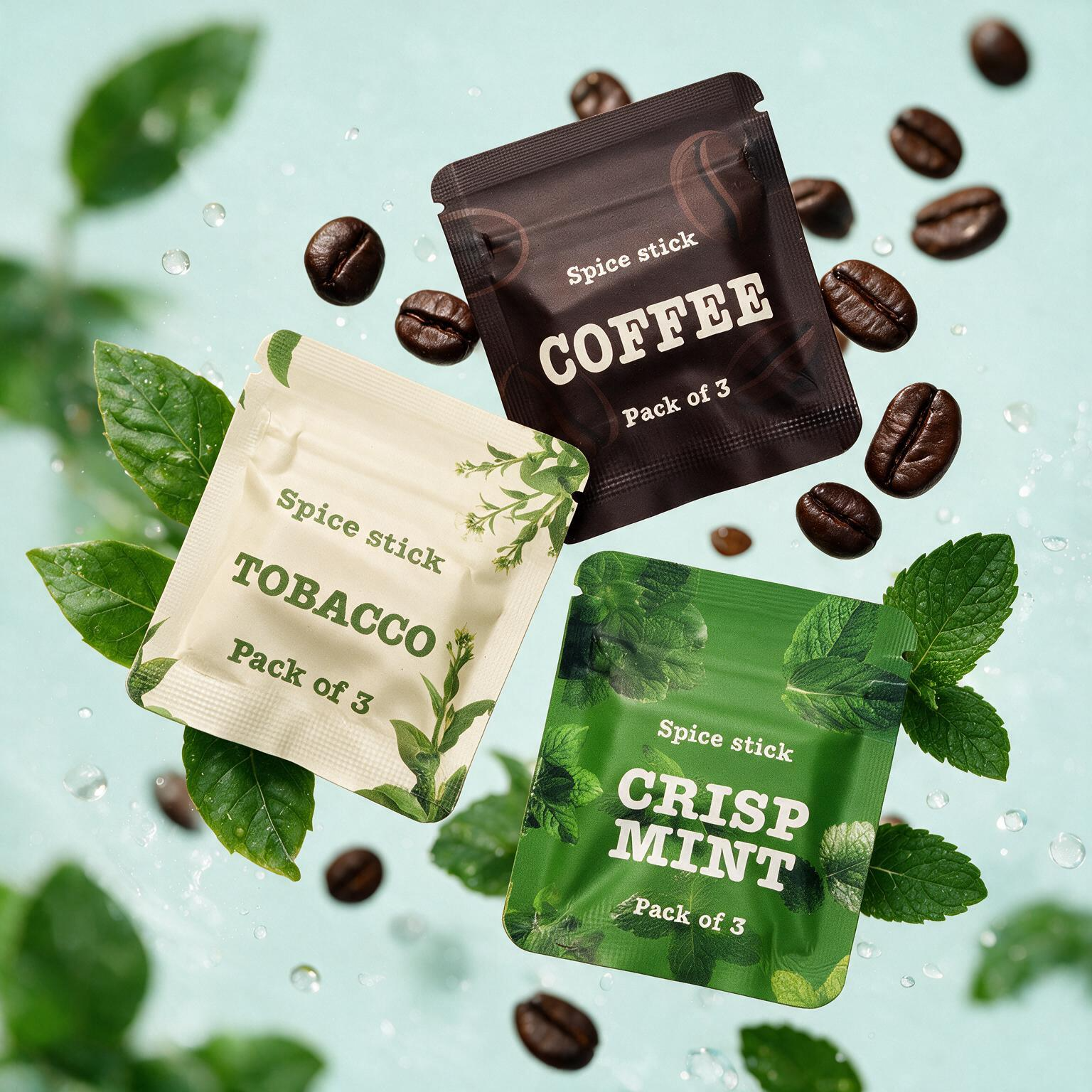 QuitAir Original Set – drei Spice-Stick-Aromen (Coffee, Tobacco, Crisp Mint) mit Zutaten