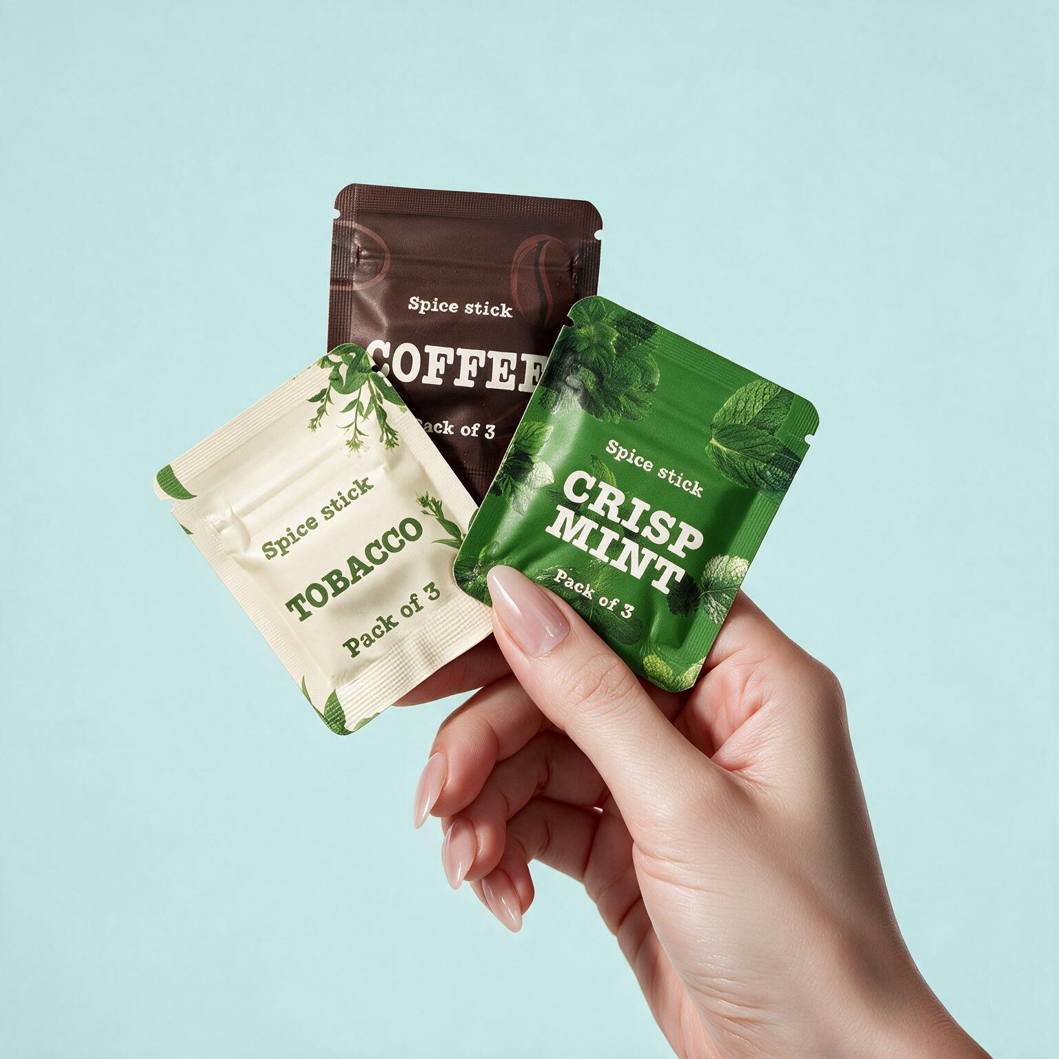 QuitAir Original Set in der Hand – Coffee, Tobacco und Crisp Mint Spice Sticks