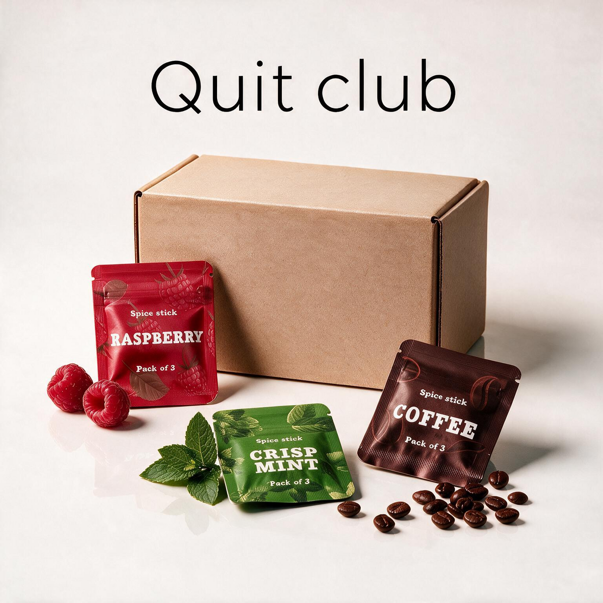 QuitAir Quit Club Monatspaket mit drei Aroma-Päckchen und Versandkarton