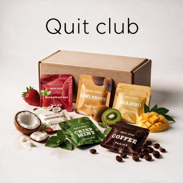 QuitAir Quit Club Monatspaket mit sechs Aroma-Päckchen und Versandkarton