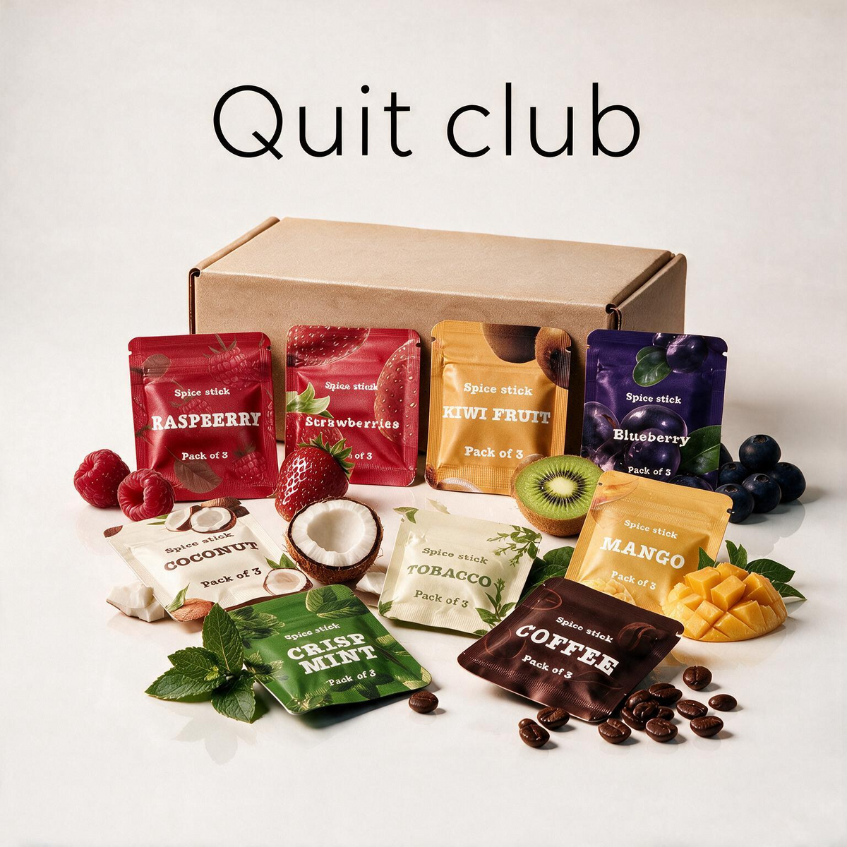 QuitAir Quit Club Monatspaket mit neun Aroma-Päckchen und Versandkarton