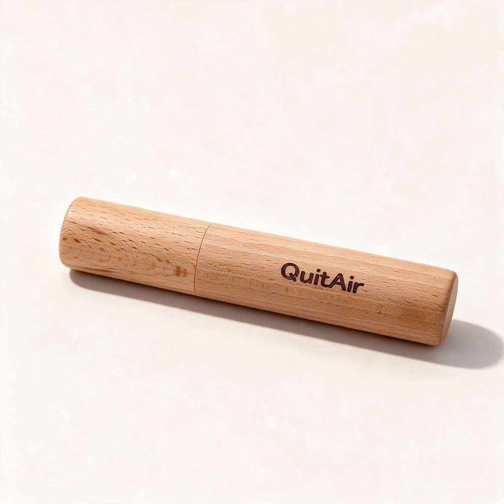 Bambus Travel Case von QuitAir, geschlossen, mit eingebrannter QuitAir-Gravur