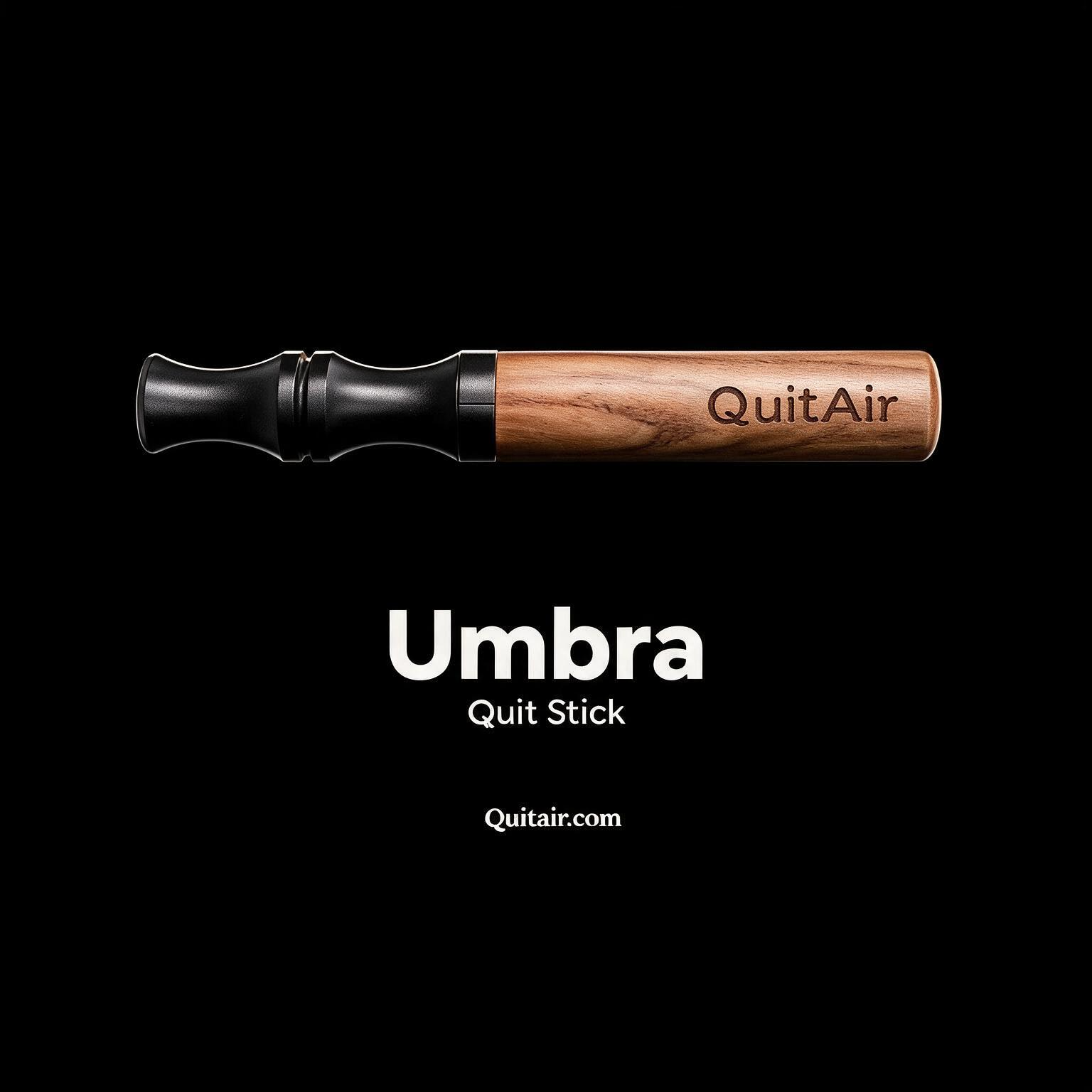 QuitAir Quit Stick Umbra – Produktaufnahme auf schwarzem Hintergrund mit Namenszug