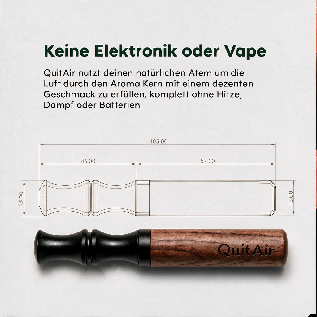 Keine Elektronik oder Vape: Quit Umbra aus Walnussholz mit Maßzeichnung – 105 mm lang, Mundstück 46 mm, Holzgriff 59 mm, ohne Hitze, Dampf oder Batterien